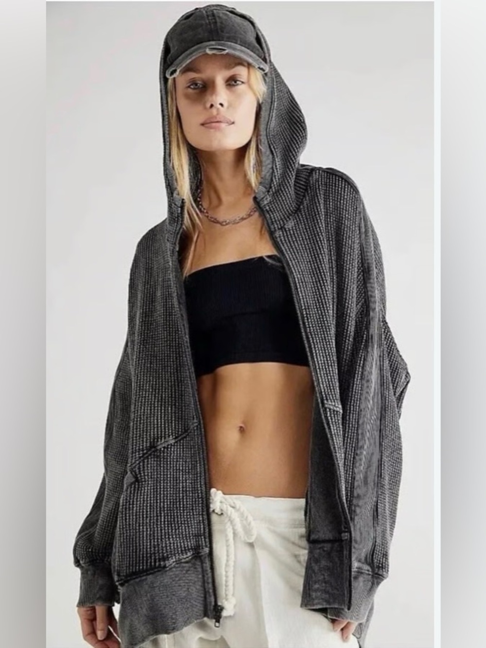 Free People FP ONE Ash Thermal Hooded Zip Sweatshirt in Washed Black. Small